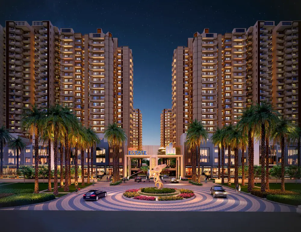 Nirala Estate entrance plaza at night